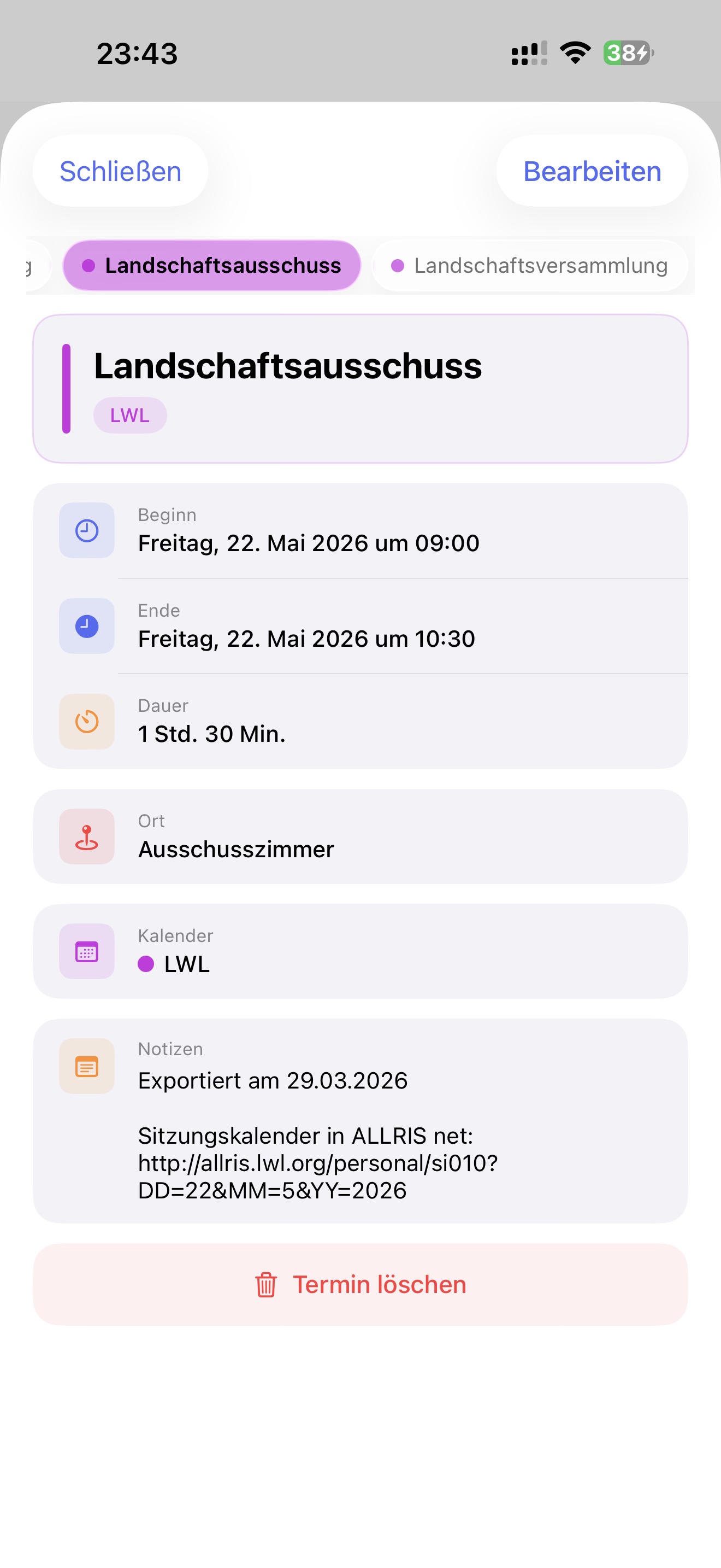 Termin-Detailansicht in Weeknor