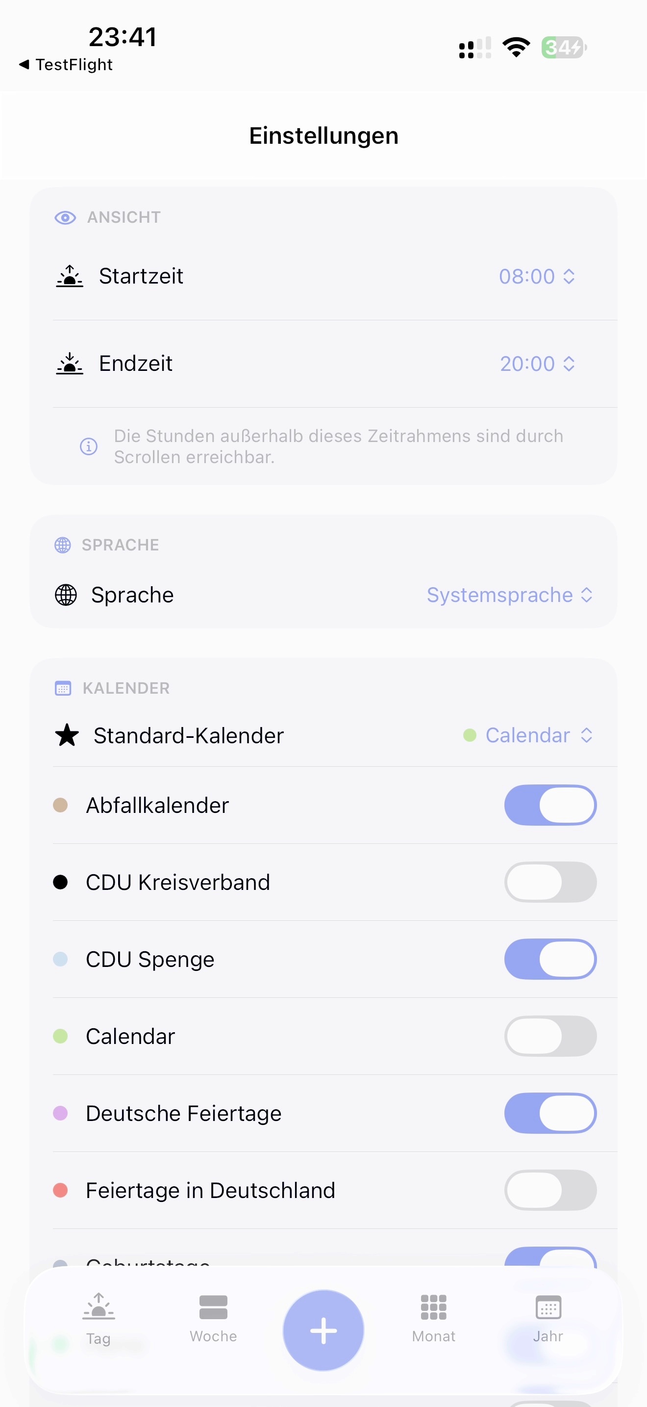 Einstellungen in Weeknor